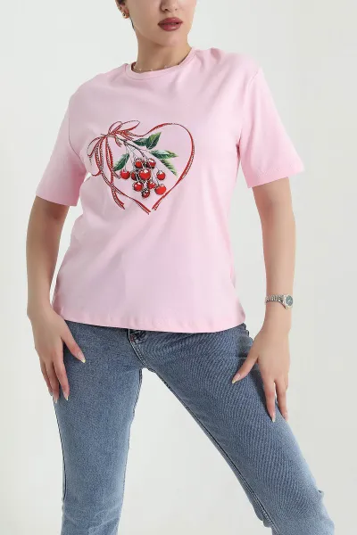 Pembe Taş İşlemeli İnterlok Kadın Tişört 467412
