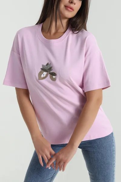 Pembe Taş İşlemeli Modal Kadın Tişört 473448