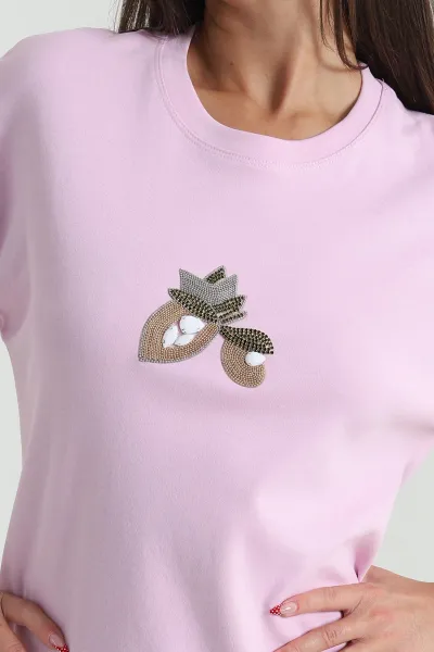 Pembe Taş İşlemeli Modal Kadın Tişört 473448