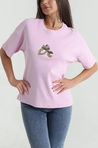 Pembe Taş İşlemeli Modal Kadın Tişört 473448