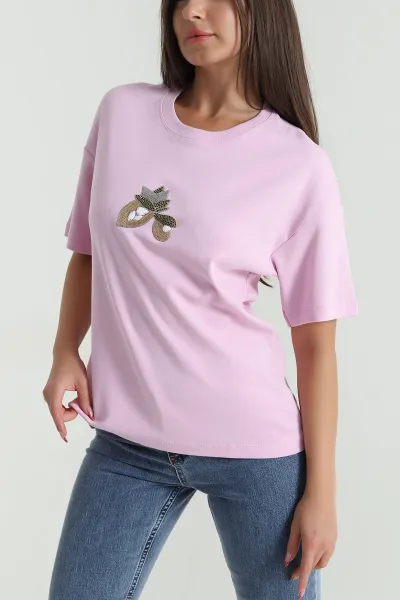 Pembe Taş İşlemeli Modal Kadın Tişört 473448