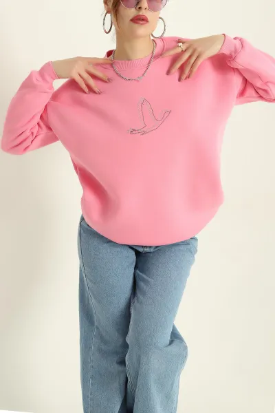 Pembe Taş İşlemeli Şardonlu Üç İp Sweat 332359