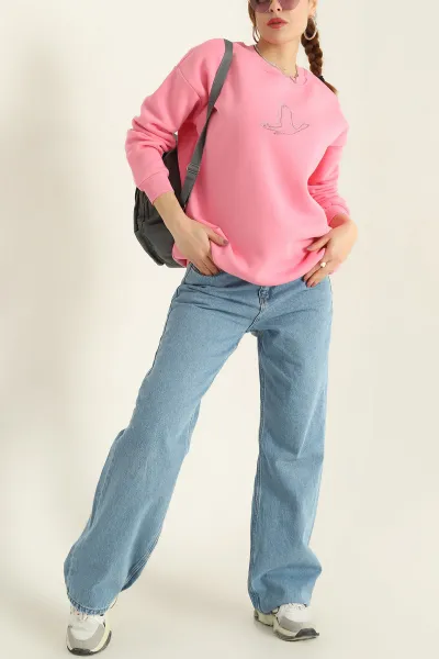 Pembe Taş İşlemeli Şardonlu Üç İp Sweat 332359