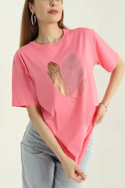 Pembe Taş İşlemeli Süprem Kadın Tişört 360542