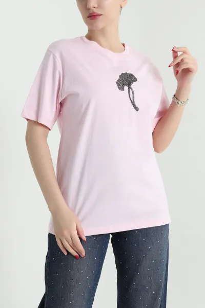 Pembe Taş İşlemeli Süprem Kadın Tişört 438333