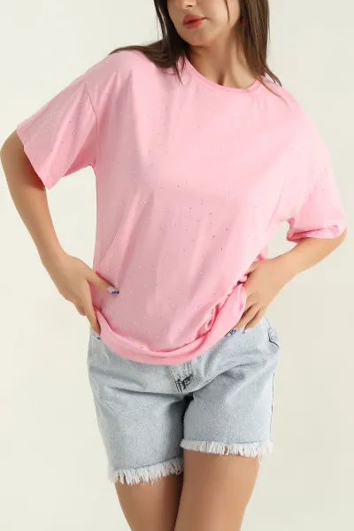 Pembe Taşlı Bisiklet Yaka Bayan Süprem Tişört 367890