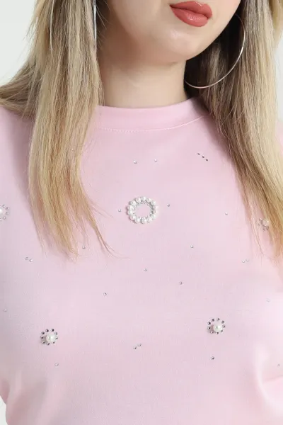 Pembe Taşlı İncili Likralı Oysho Kadın Tişört 469922