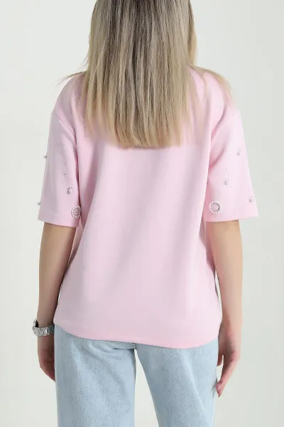 Pembe Taşlı İncili Likralı Oysho Kadın Tişört 469922