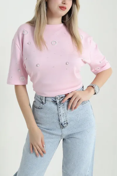 Pembe Taşlı İncili Likralı Oysho Kadın Tişört 469922