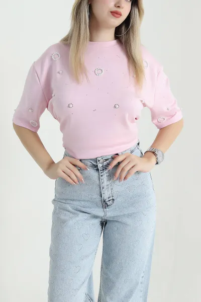 Pembe Taşlı İncili Likralı Oysho Kadın Tişört 469922