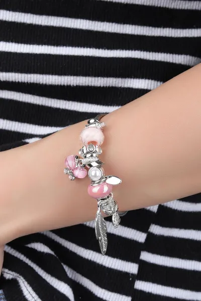 Pembe Taşlı Kelebek Detaylı Çelik Pandora Bileklik 318420