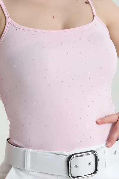 Pembe Taşlı Likralı Sandy Kadın Zıbın Bluz 458236