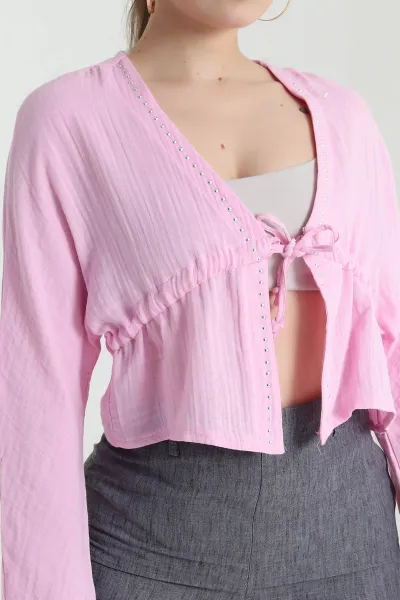 Pembe Taşlı Müslin Keten Kadın Kimono Bluz 466282