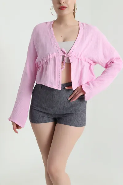 Pembe Taşlı Müslin Keten Kadın Kimono Bluz 466282