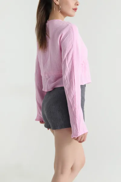 Pembe Taşlı Müslin Keten Kadın Kimono Bluz 466282