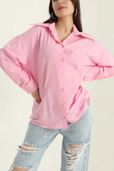 Pembe Taşlı Poplin Kadın Gömlek 368991