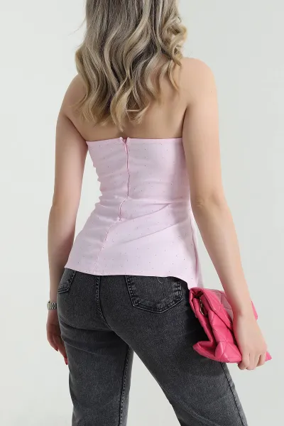 Pembe Taşlı Straplez Kadın Denim Büstiyer 473164