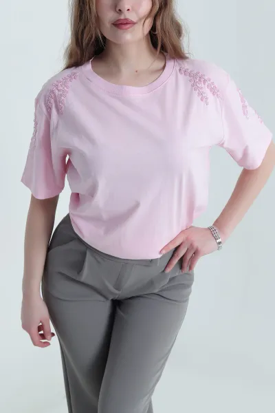 Pembe Taşlı Süprem Kadın Tişört 438583