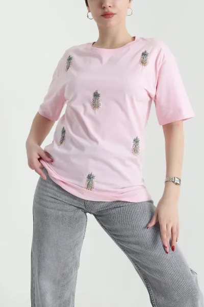 Pembe Taşlı Süprem Kadın Tişört 438628