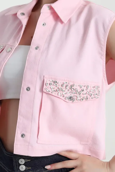 Pembe Taşlı Tasarım Gabardin Kadın Yelek 473696