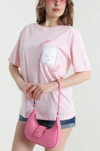 Pembe Taşlı Tasarım Oversize Süprem Kadın Tişört 451802