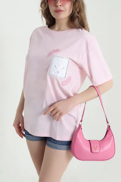 Pembe Taşlı Tasarım Oversize Süprem Kadın Tişört 451802