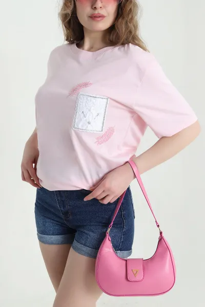 Pembe Taşlı Tasarım Oversize Süprem Kadın Tişört 451802