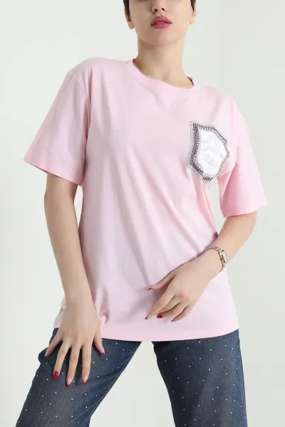 Pembe Taşlı Tasarım Süprem Kadın Tişört 438660