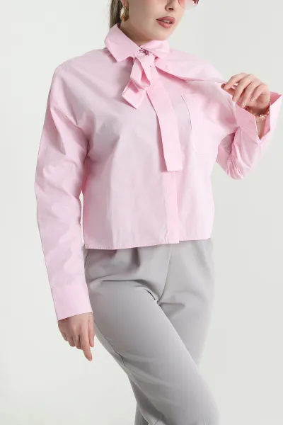 Pembe Tek Cep Kuşak Detay Kadın Poplin Gömlek 441419
