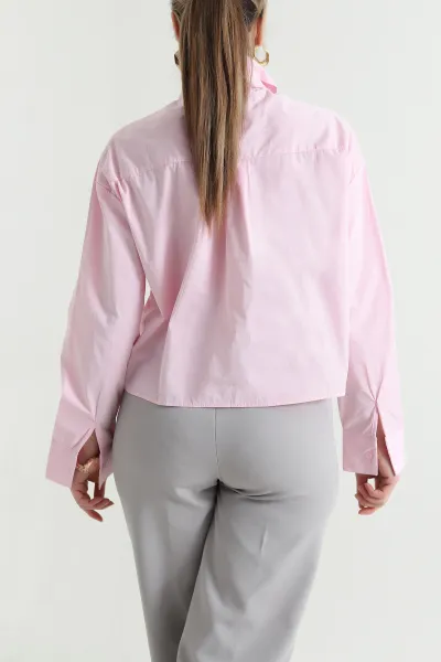 Pembe Tek Cep Kuşak Detay Kadın Poplin Gömlek 441419