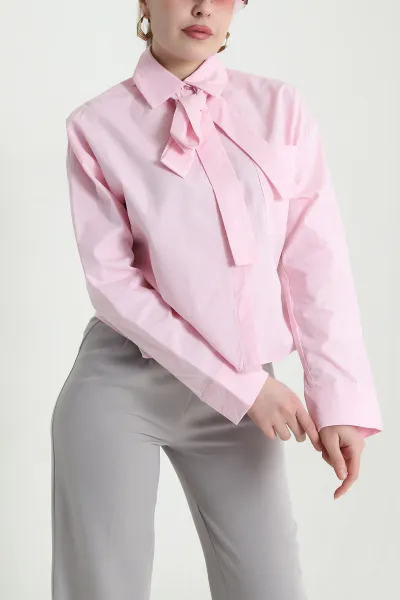 Pembe Tek Cep Kuşak Detay Kadın Poplin Gömlek 441419