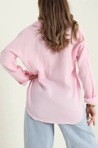 Pembe Tek Cep Müslin Kadın Gömlek 432116