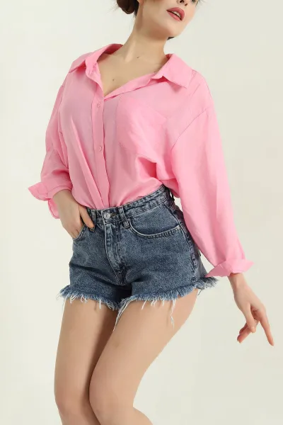 Pembe Tek Cep Oversize Dokuma Bayan Gömlek 336959