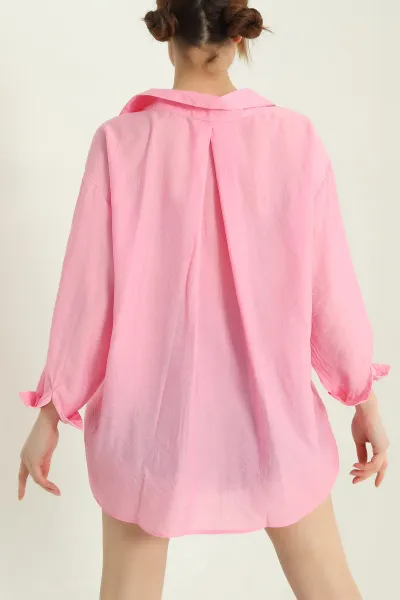 Pembe Tek Cep Oversize Dokuma Bayan Gömlek 336959