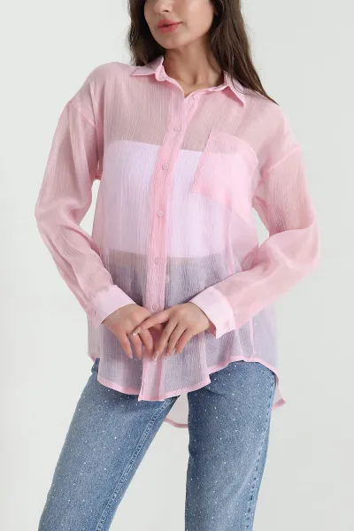 Pembe Tek Cep Tencel Kadın Gömlek 456032