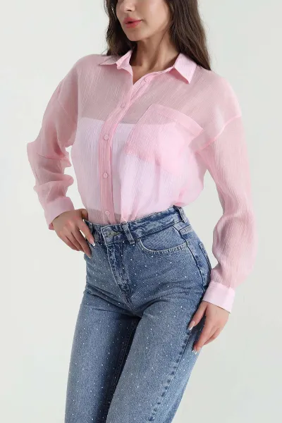 Pembe Tek Cep Tencel Kadın Gömlek 456032