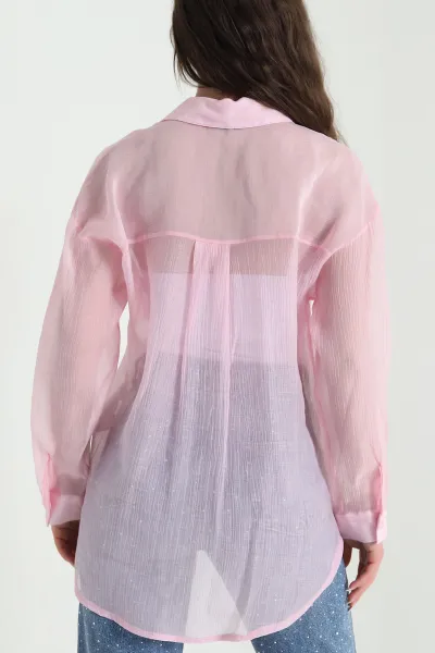 Pembe Tek Cep Tencel Kadın Gömlek 456032