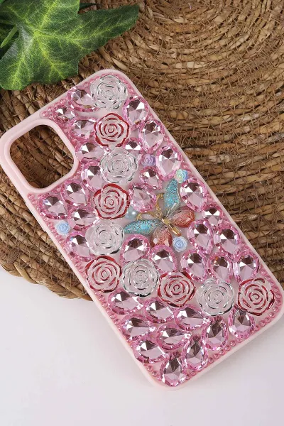 Pembe TeknoCase İPhone 11 Uyumlu Daisy Case Serisi Taşlı Vakumlu Sert Silikon Telefon Kılıfı 431016