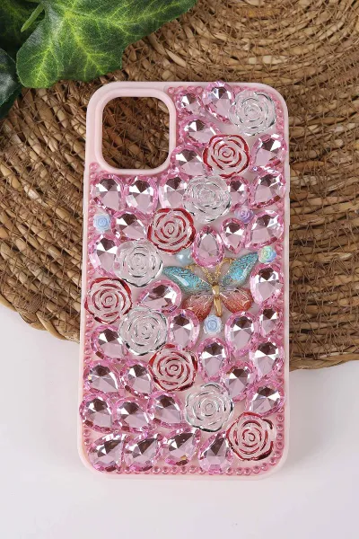 Pembe TeknoCase İPhone 11 Uyumlu Daisy Case Serisi Taşlı Vakumlu Sert Silikon Telefon Kılıfı 431016