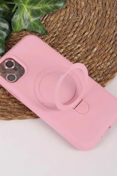 Pembe TeknoCase İPhone 11 Uyumlu Ringy Case Serisi Standlı Lens Hediyeli Sert Silikon Telefon Kılıfı 450159