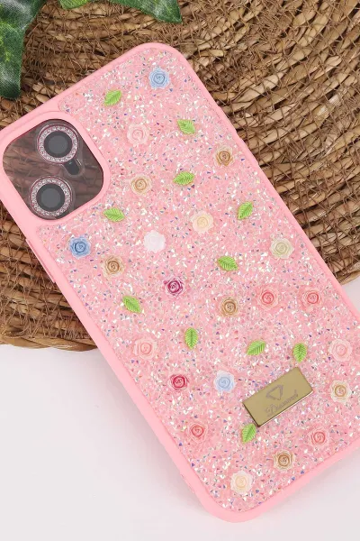 Pembe TeknoCase İPhone 11 Uyumlu Rose Diamond Case Serisi Gül Desenli Lens Hediyeli Sert Silikon Telefon Kılıfı 450118