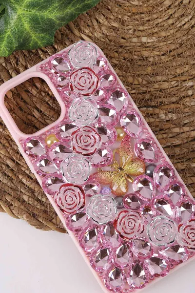 Pembe TeknoCase İPhone 12 Uyumlu Daisy Case Serisi Taşlı Vakumlu Sert Silikon Telefon Kılıfı 431023