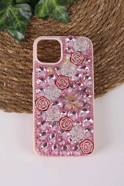 Pembe TeknoCase İPhone 13 Uyumlu Daisy Case Serisi Taşlı Vakumlu Sert Silikon Telefon Kılıfı 431028