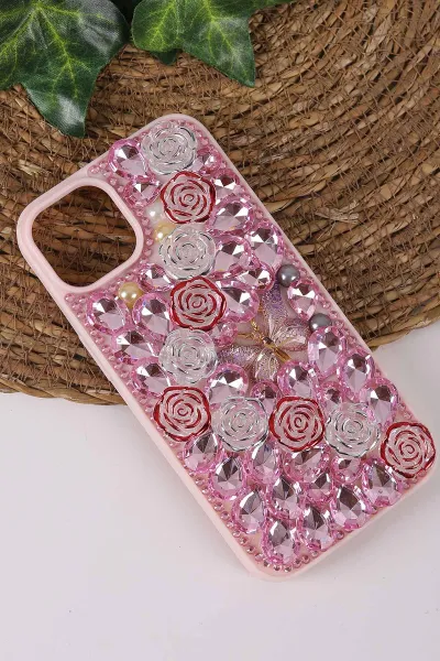 Pembe TeknoCase İPhone 13 Uyumlu Daisy Case Serisi Taşlı Vakumlu Sert Silikon Telefon Kılıfı 431028