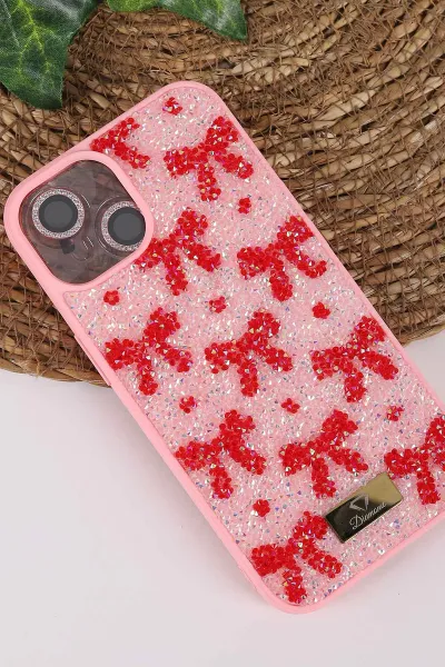 Pembe TeknoCase İPhone 13 Uyumlu Perfect Diamond Case Serisi Taşlı Lens Hediyeli Sert Silikon Telefon Kılıfı 450076