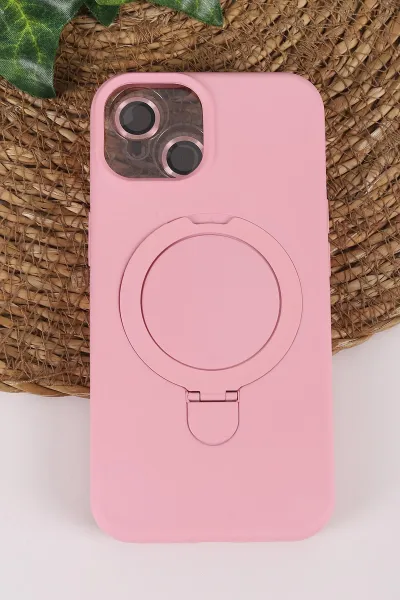 Pembe TeknoCase İPhone 13 Uyumlu Ringy Case Serisi Standlı Lens Hediyeli Sert Silikon Telefon Kılıfı 450165