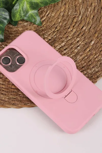 Pembe TeknoCase İPhone 13 Uyumlu Ringy Case Serisi Standlı Lens Hediyeli Sert Silikon Telefon Kılıfı 450165