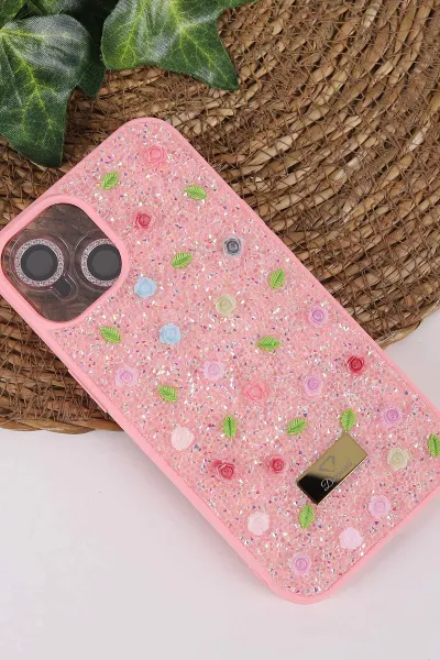 Pembe TeknoCase İPhone 13 Uyumlu Rose Diamond Case Serisi Gül Desenli Lens Hediyeli Sert Silikon Telefon Kılıfı 450125
