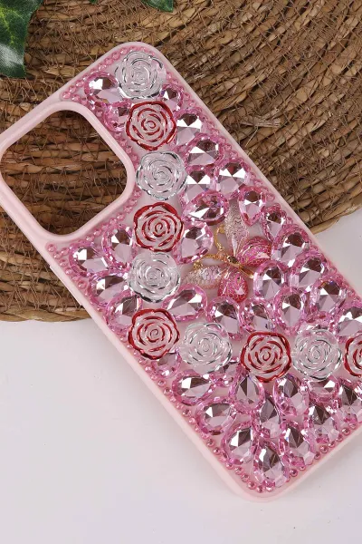 Pembe TeknoCase İPhone 14 Pro Max Uyumlu Daisy Case Serisi Taşlı Vakumlu Sert Silikon Telefon Kılıfı 431051
