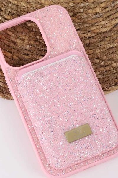Pembe TeknoCase İPhone 14 Pro Uyumlu Viola Diamond Case Serisi Kartlıklı Lens Hediyeli Sert Silikon Telefon Kılıfı 430802
